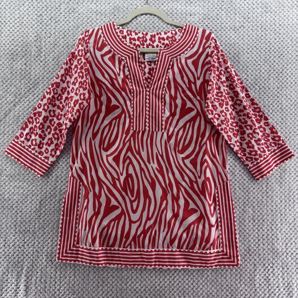 Gretchen Scott Top Womens S Orange Animal Print Tunic Pullover V-Neck 3/4 Sleeve - Picture 1 of 12